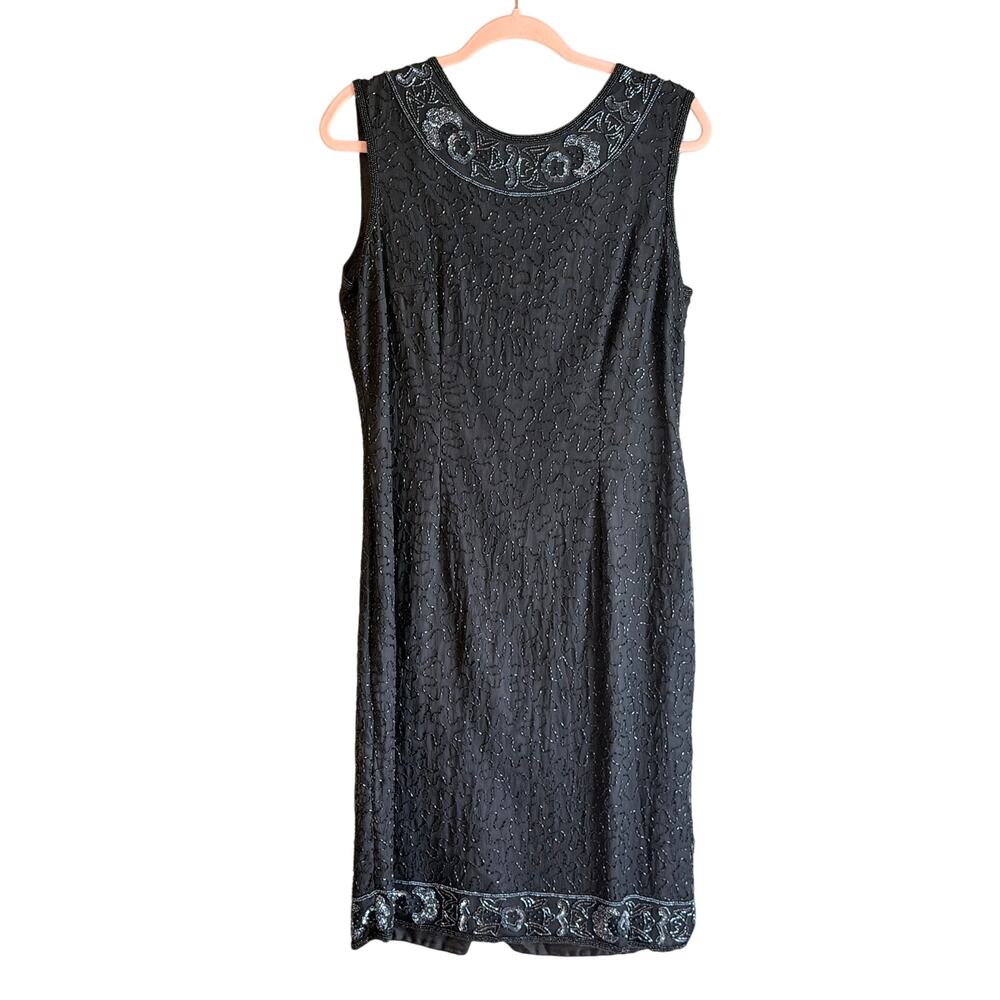 Vintage 90s stenay 100% silk black beaded cocktail dress size 14 formal banquet